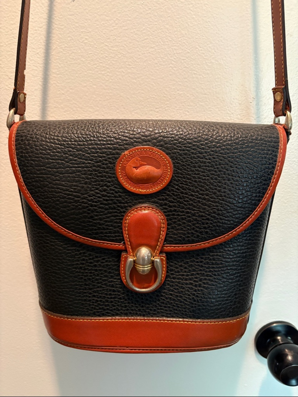 Dooney & Bourke Black Pebbled Leather Crossbody with Tan/Brown Trim. Vintage